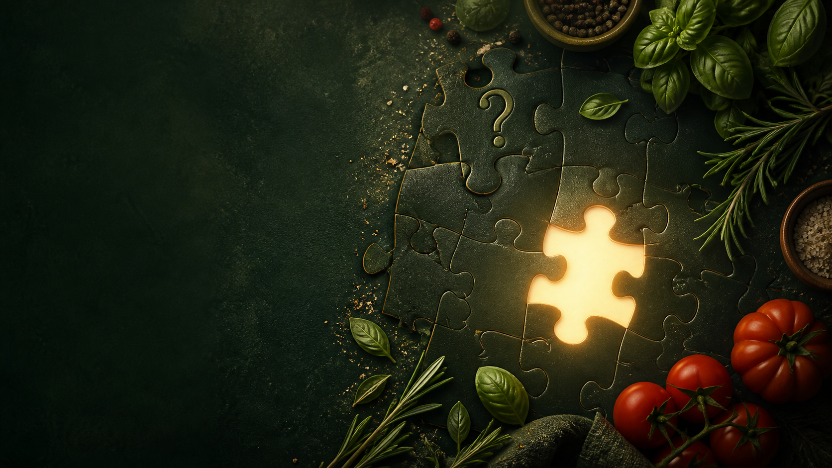Quebra-cabeça verde com uma peça central iluminada, ingredientes e ervas